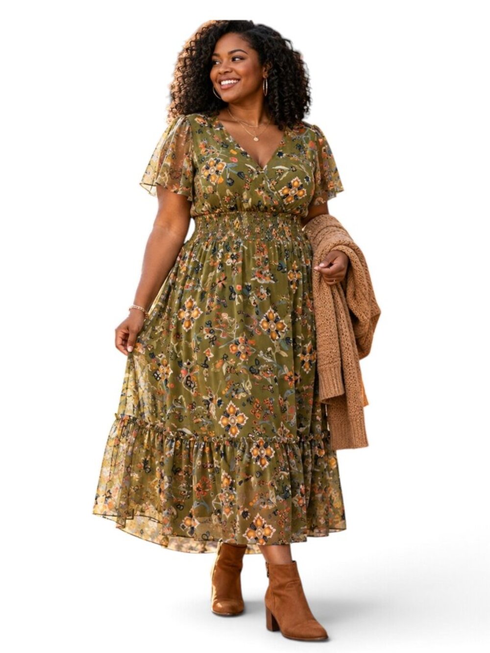Canyon Creek 2XL Olive Floral Mesh Midi Dress Smocked Boho Fall Flutter Romantic
